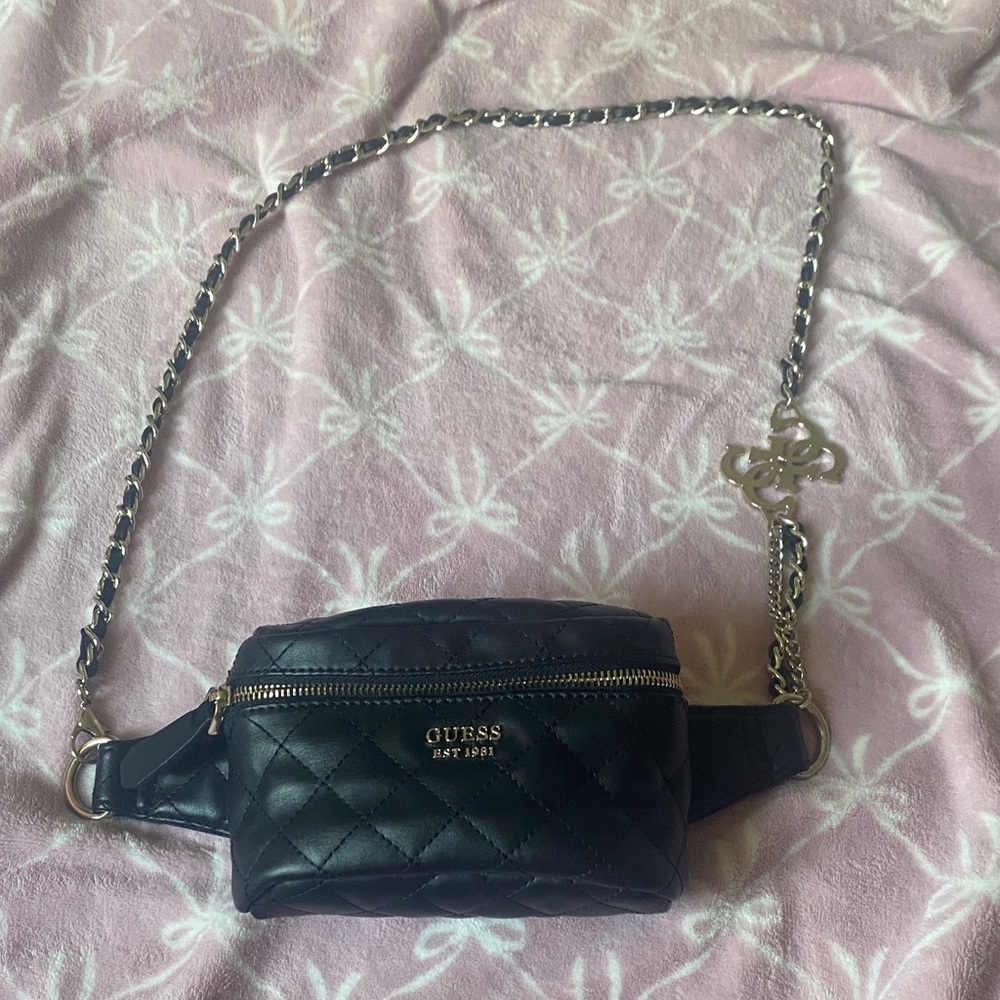 GUESS Black Quilted Leather Mini Crossbody Belt Bag with Gold Chain